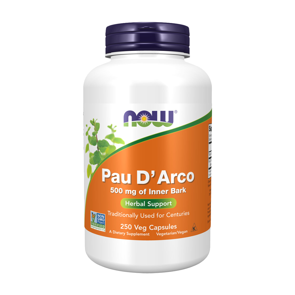 NOW Foods Pau D'Arco 500 mg (250 Kapseln) Vorderseite Etikett