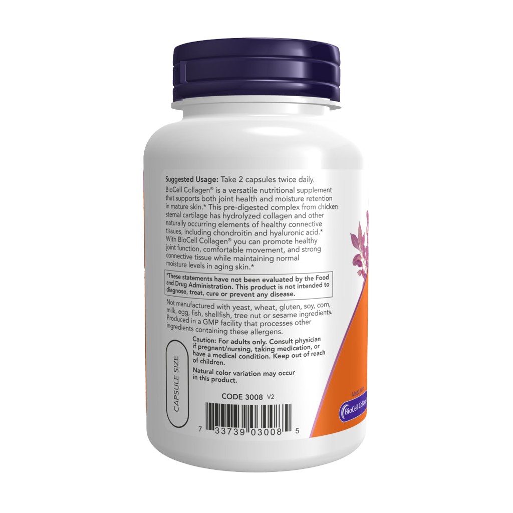 NOW Foods BioCell Collageen® Gehydrolyseerd Type II (120 capsules) Zijkant