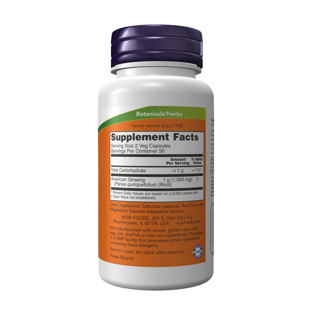 NOW Foods Amerikaanse Ginseng 500 mg (100 capsules) Achterkant