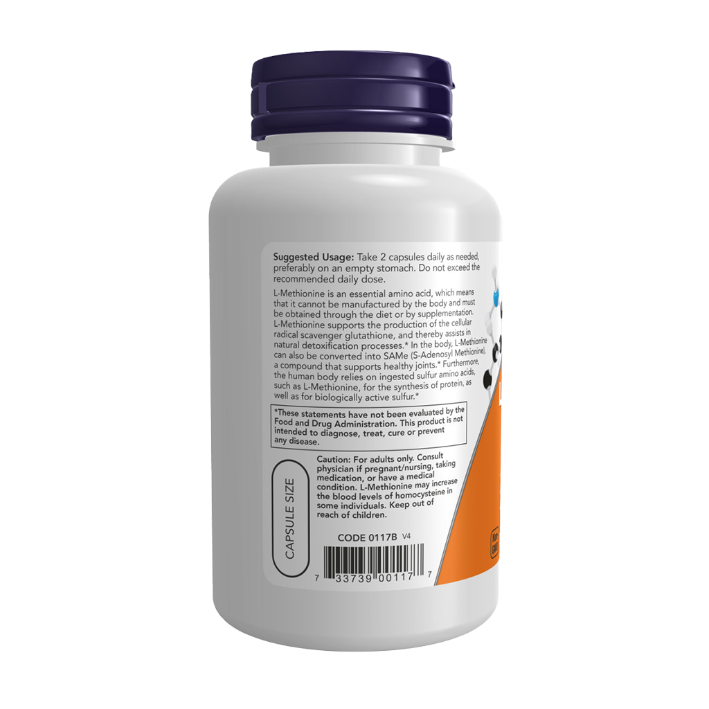 NOW Foods L-Methionine 500 mg met vitamine B6 (100 capsules) Zijkant