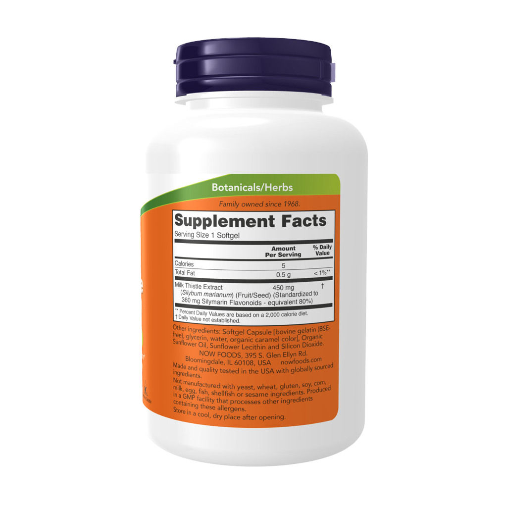 NOW Foods Mariadistelextract, extra sterkte 450 mg (120 softgels) Achterkant