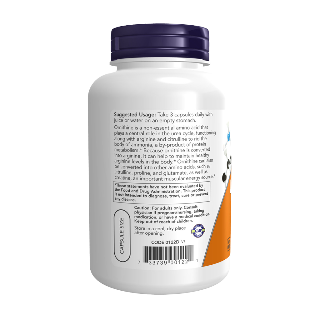 NOW Foods L-Ornithine (L-Ornithine Hydrochloride) 500 mg (120 capsules) Zijkant