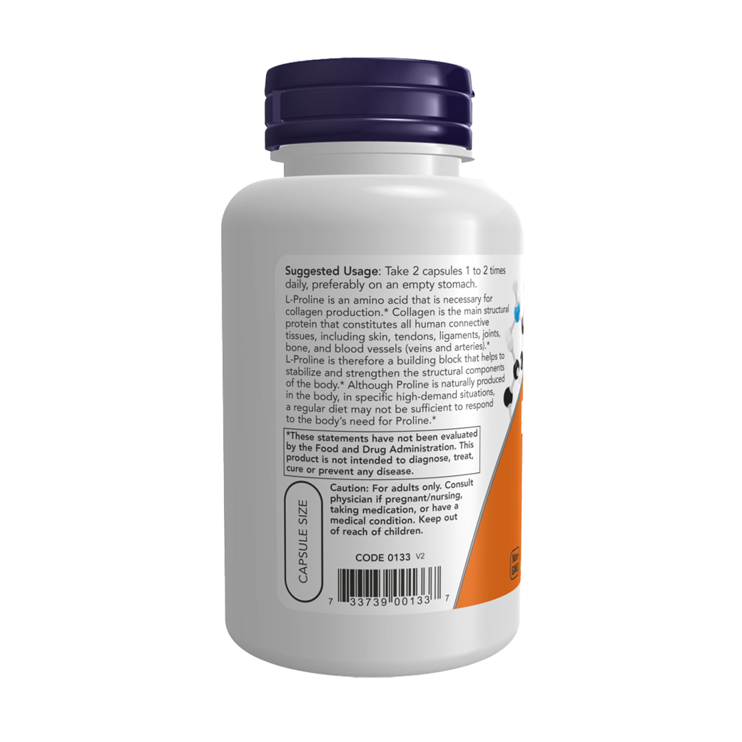 NOW Foods L-Proline 500 mg 120 Veg Capsules achterkant