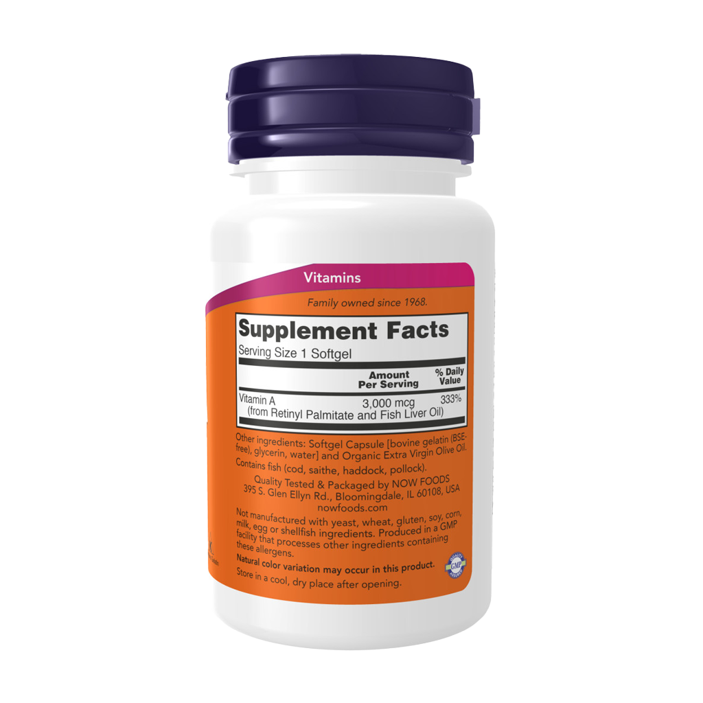 NOW Foods Vitamine A 10.000 IE (100 softgels) Achterkant