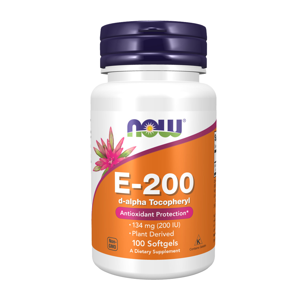 NOW Foods Vitamine E-200 D-alfa-tocoferyl (100 softgels) Voorkant