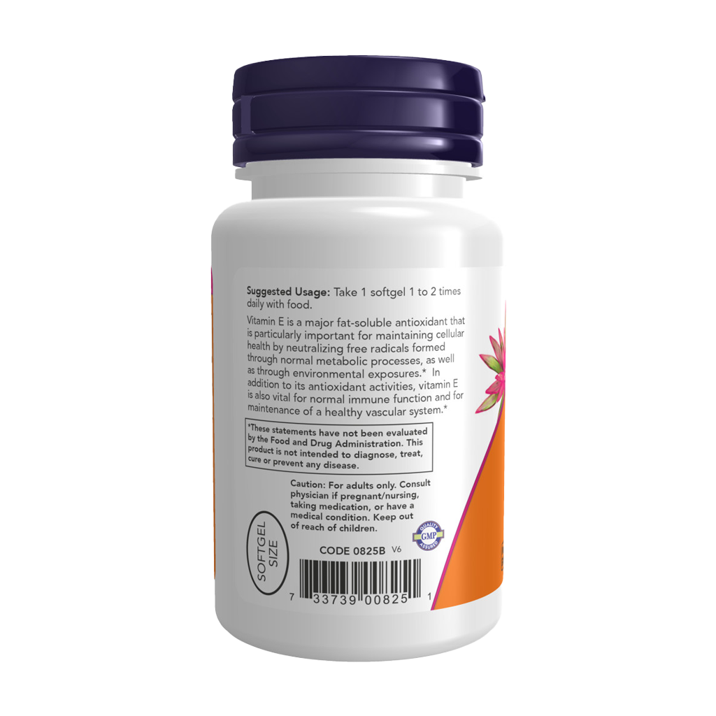 NOW Foods Vitamine E-200 D-alfa-tocoferyl (100 softgels) Achterkant
